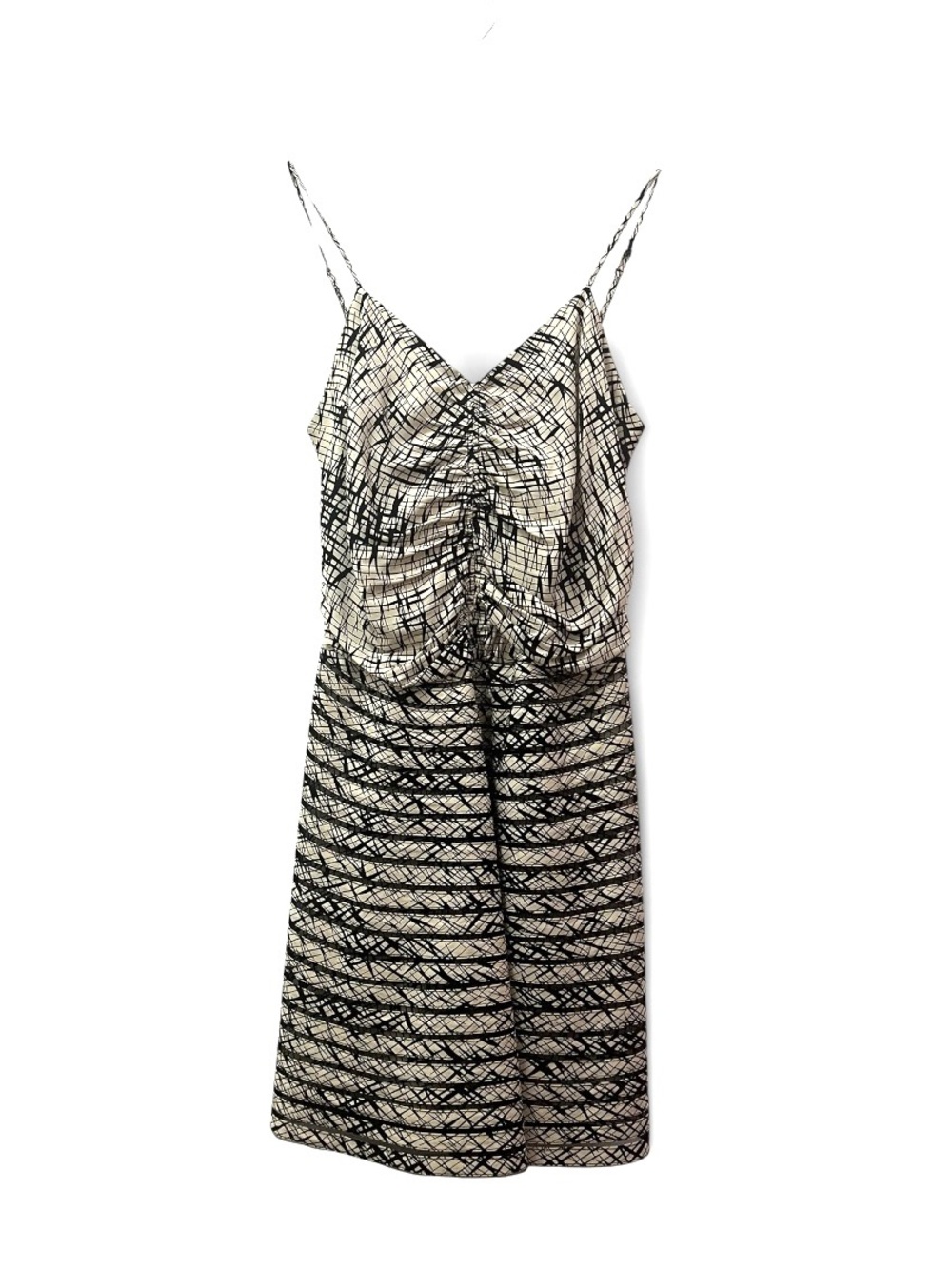 Parker 100% Silk Abstract Grid Print Ruched Black & Cream Strappy Midi Dress S